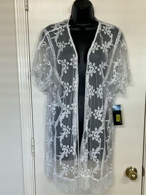 Multiples White Sheer Embroidered Fringe Cover-Up